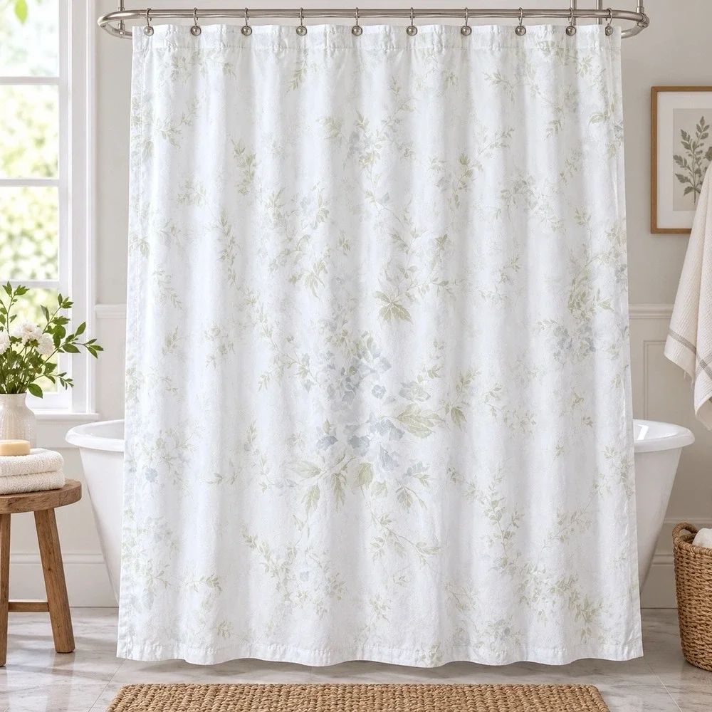 Shabby Chic British Rose Blue Floral Cotton Shower Curtain 68